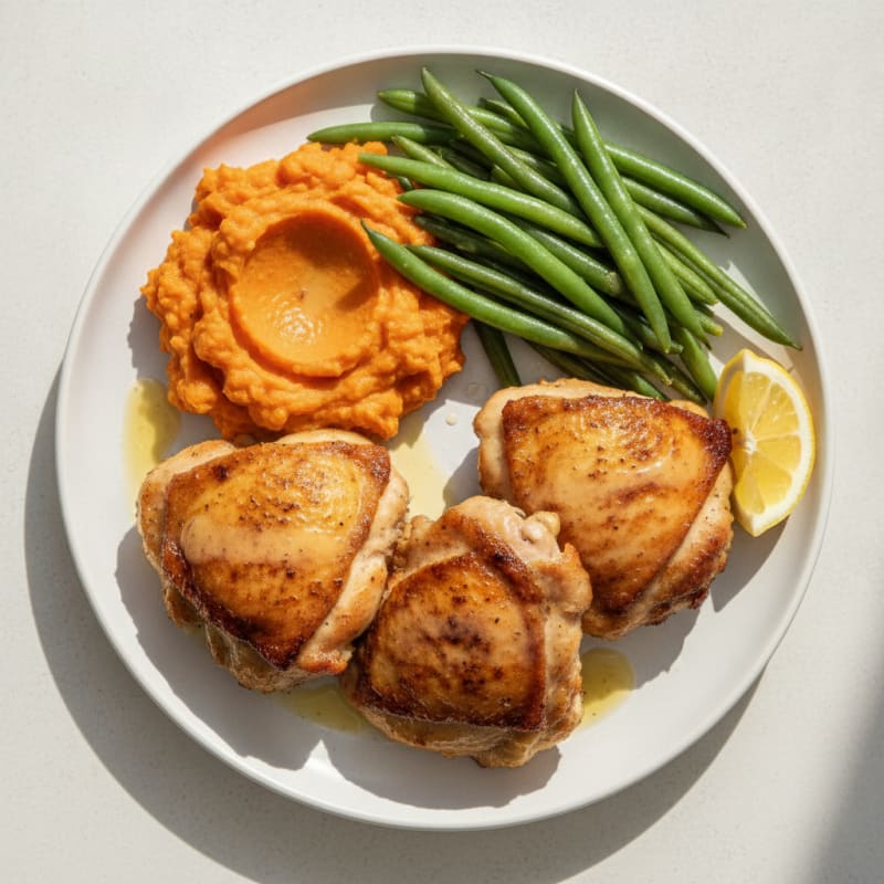 Seared Chicken Thighs with Steamed Green Beans and Sweet Potato Mash