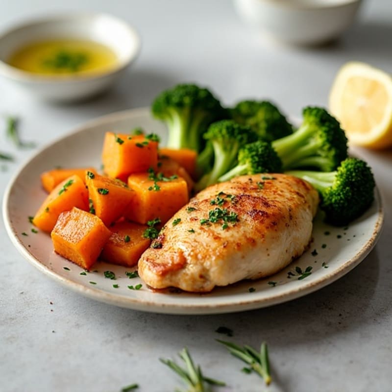 Crispy Lemon Herb Chicken with Roasted Sweet Potatoes and Broccoli