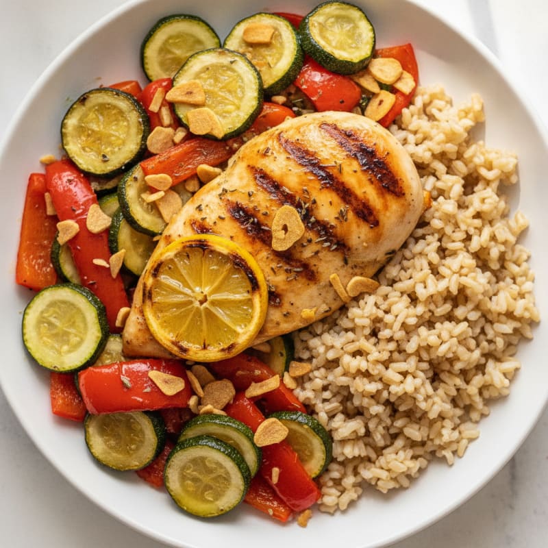 Grilled Chicken with Roasted Veggies and Brown Rice