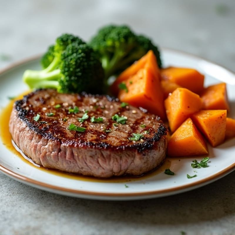 Juicy Sirloin Steak with Crispy Roasted Broccoli and Sweet Potato
