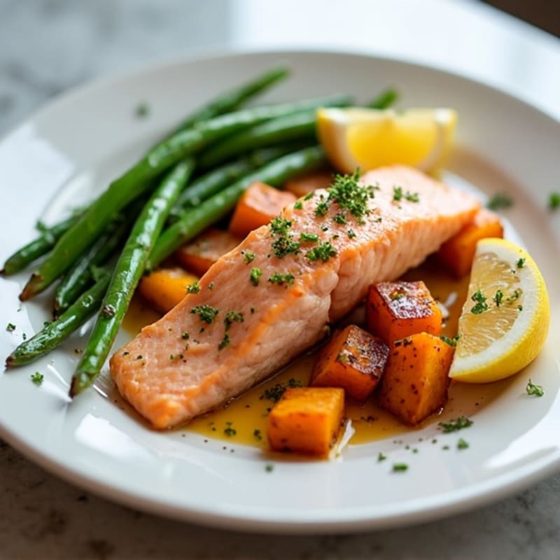 Garlic Lemon Salmon with Roasted Sweet Potatoes and Crispy Green Beans
