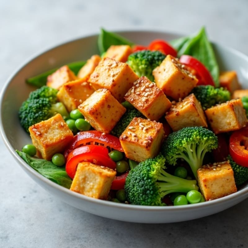 Crispy Sesame Tofu with Fresh Vegetable Stir-Fry