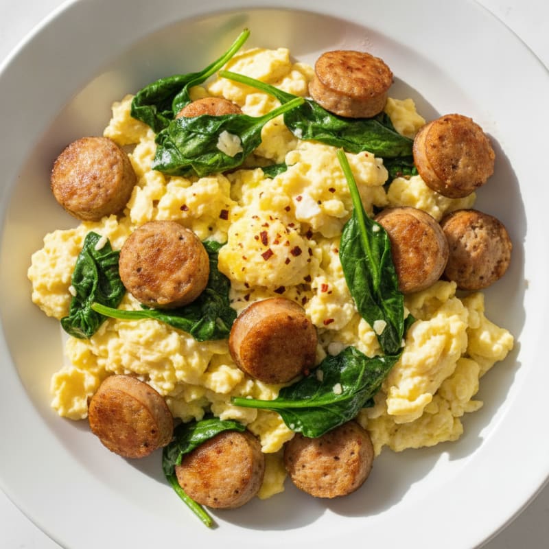 Scrambled Eggs with Chicken Sausage and Sautéed Spinach