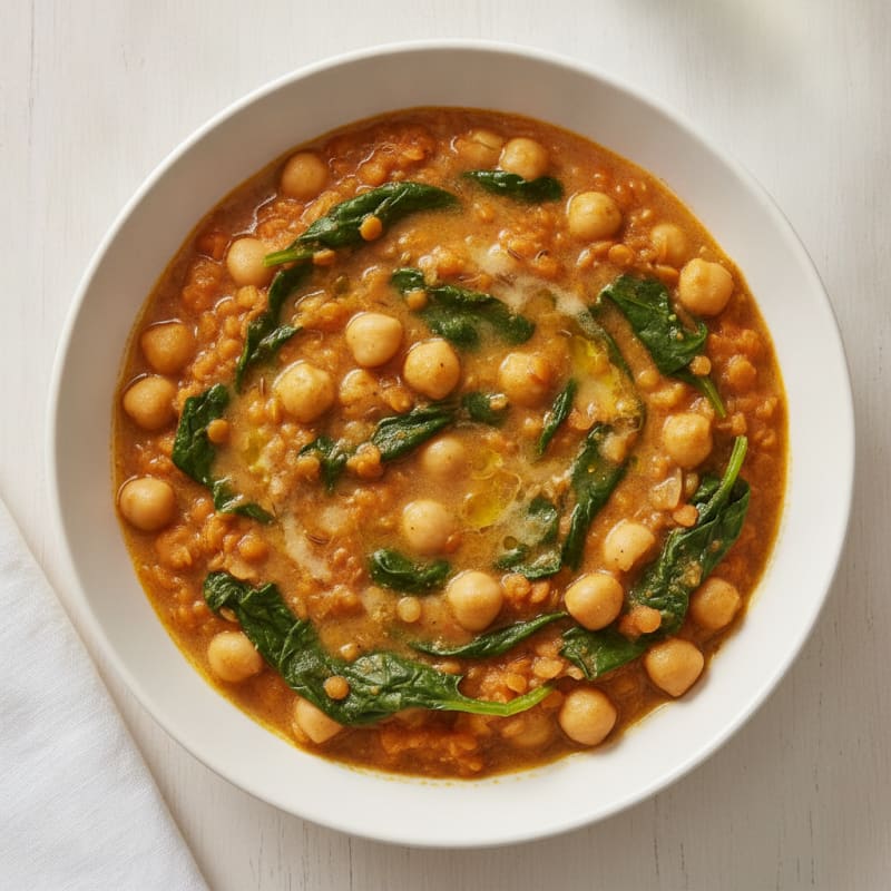Lentil and Chickpea Stew with Wilted Spinach