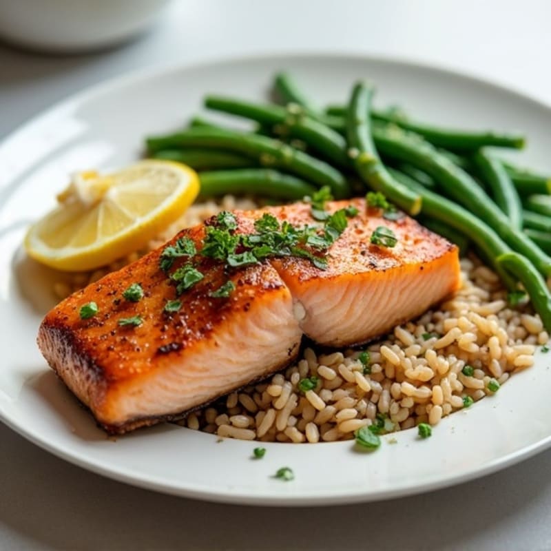 Seared Salmon with Garlic Green Beans and Brown Rice