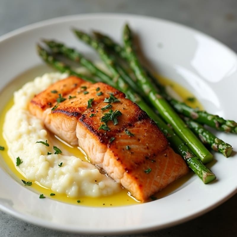 Seared Salmon with Roasted Asparagus and Cauliflower Mash
