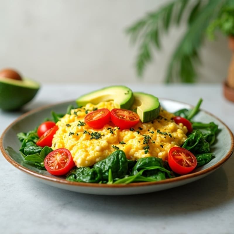 Cottage Cheese Egg White Scramble with Sautéed Spinach and Tomatoes