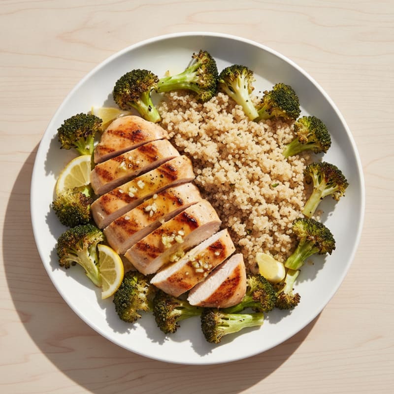 Grilled Lemon-Garlic Chicken Breast with Quinoa and Roasted Broccoli