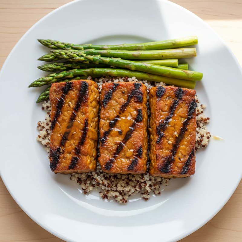 Grilled Tempeh Steaks with Quinoa and Steamed Asparagus