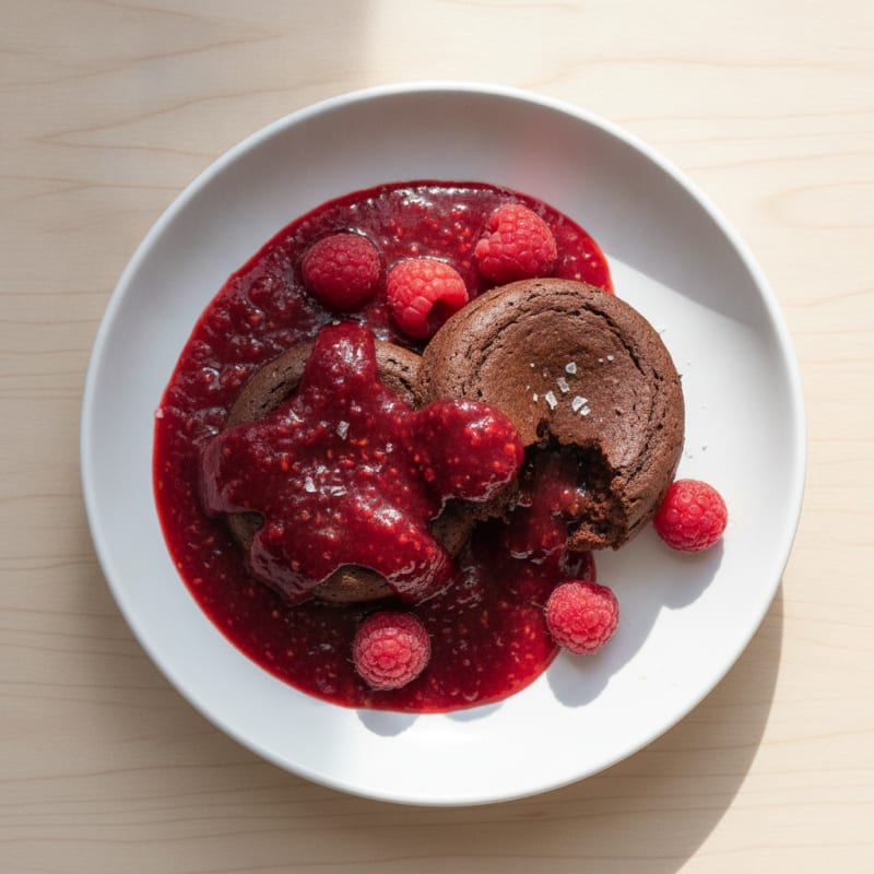 High-Protein Chocolate Lava Cake with Raspberry Coulis