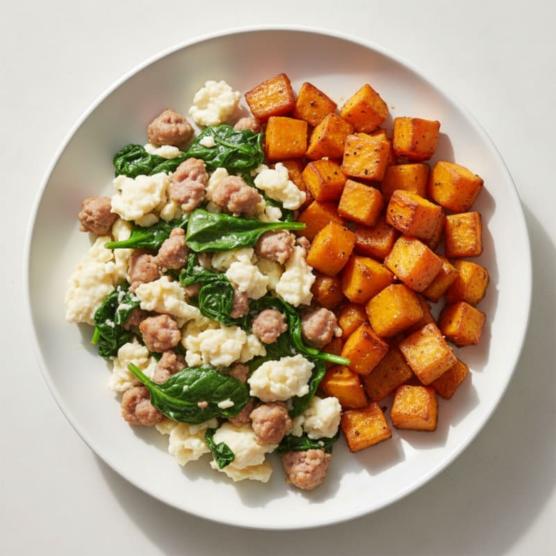 Egg White and Turkey Sausage Scramble with Spinach and Roasted Sweet Potato