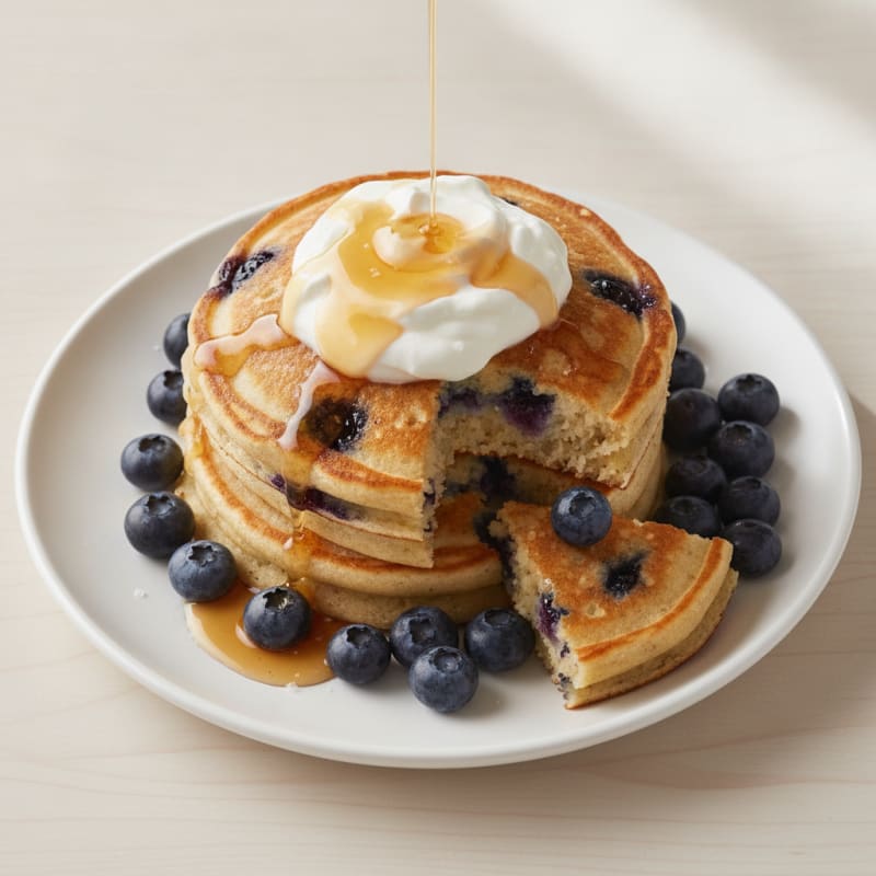 Blueberry Ricotta Pancakes with Maple Syrup
