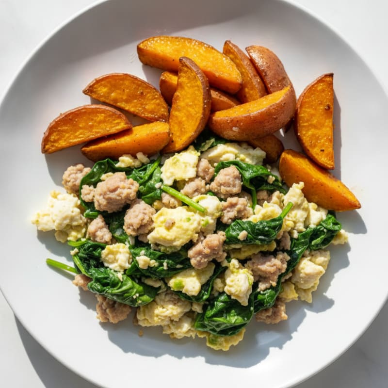 Spinach Egg White Scramble with Turkey Sausage and Roasted Sweet Potatoes