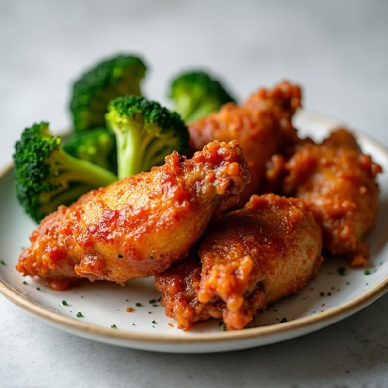Crispy Air-Fried Spicy BBQ Chicken Wings with Roasted Broccoli