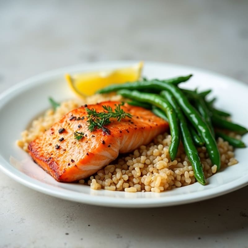 Seared Salmon with Steamed Green Beans and Brown Rice