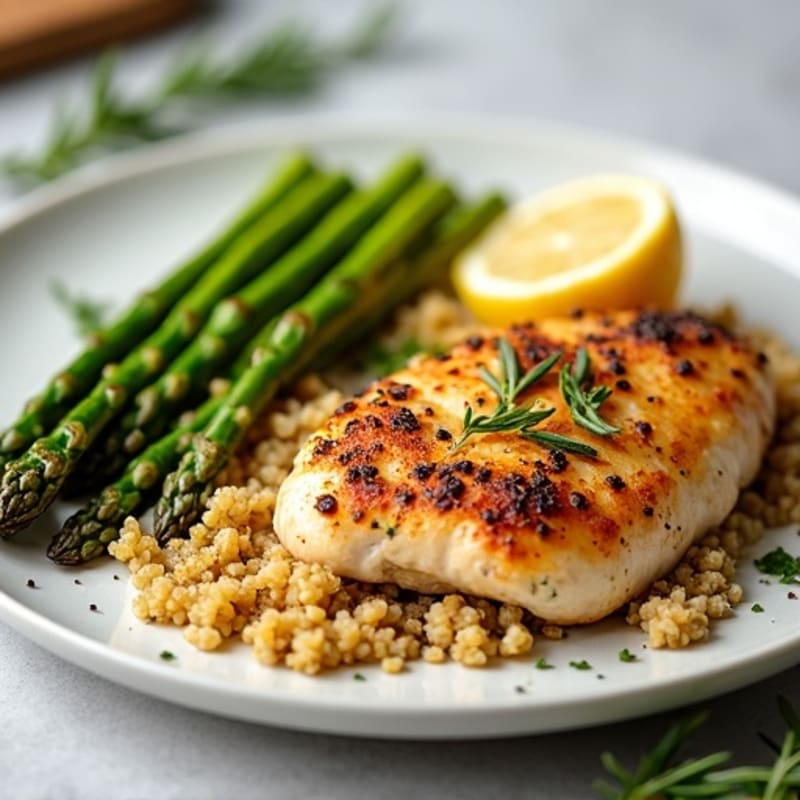 Crispy Lemon Herb Roasted Chicken with Roasted Asparagus and Fluffy Quinoa
