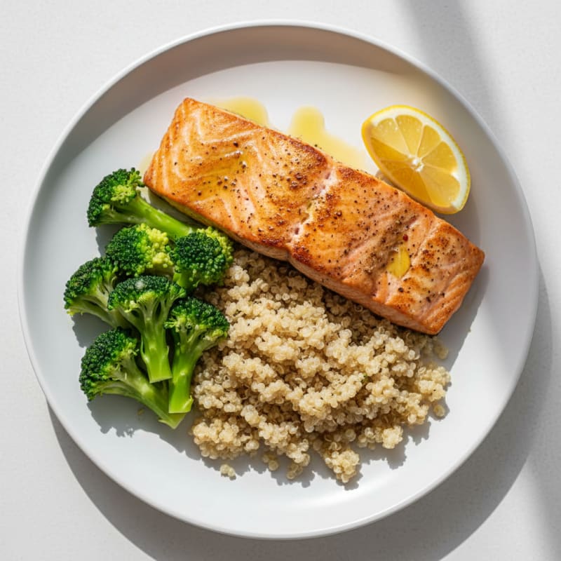Seared Salmon Fillet with Steamed Broccoli and Quinoa