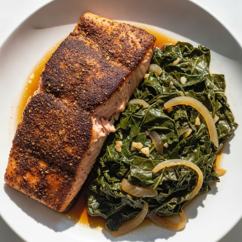 Blackened Salmon with Braised Collard Greens