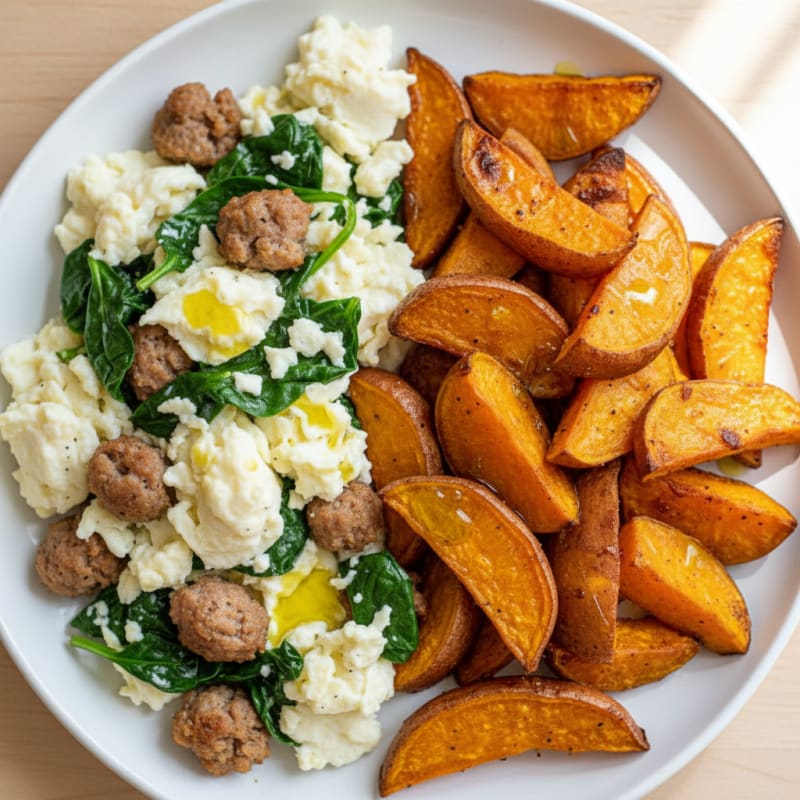 Egg White Spinach Scramble with Turkey Sausage and Roasted Sweet Potatoes
