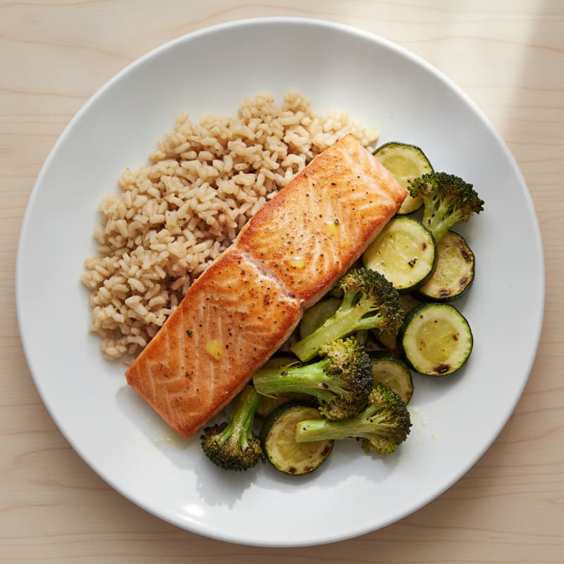 Seared Salmon with Roasted Vegetables and Brown Rice