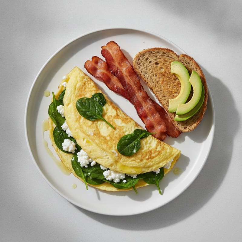 Egg White Spinach Omelette with Cottage Cheese and Turkey Bacon