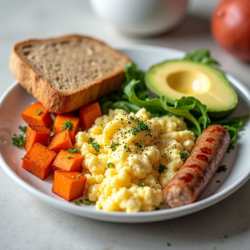 Egg White and Turkey Sausage Scramble with Roasted Sweet Potatoes