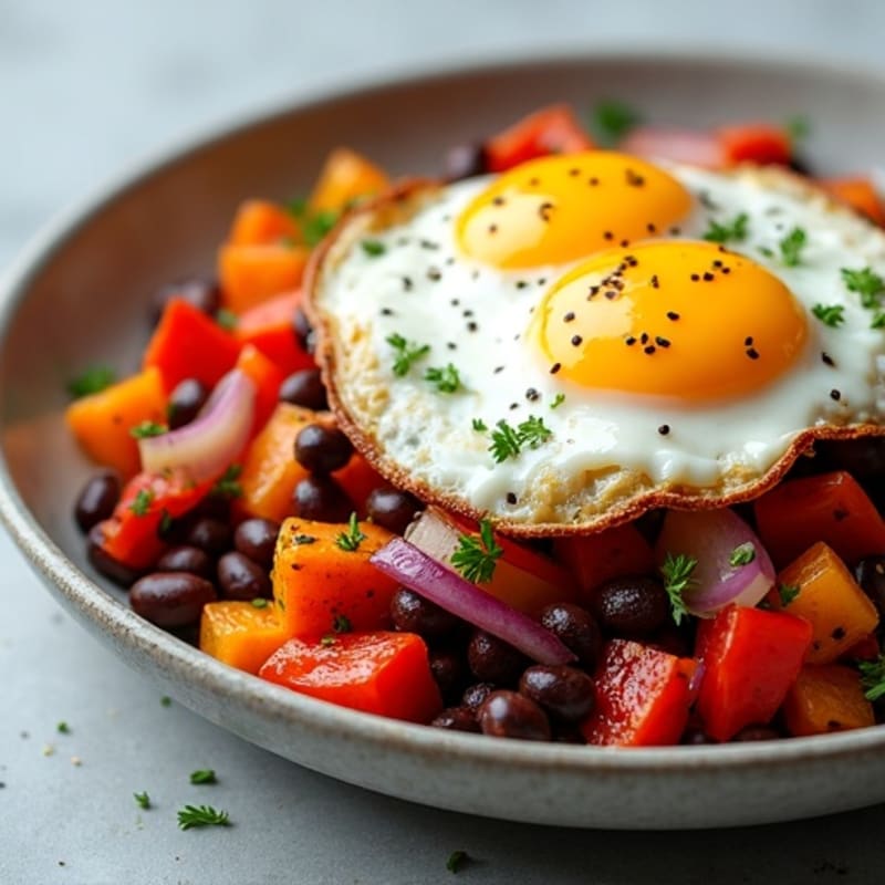 Roasted Sweet Potato and Bell Pepper Hash with Fried Eggs