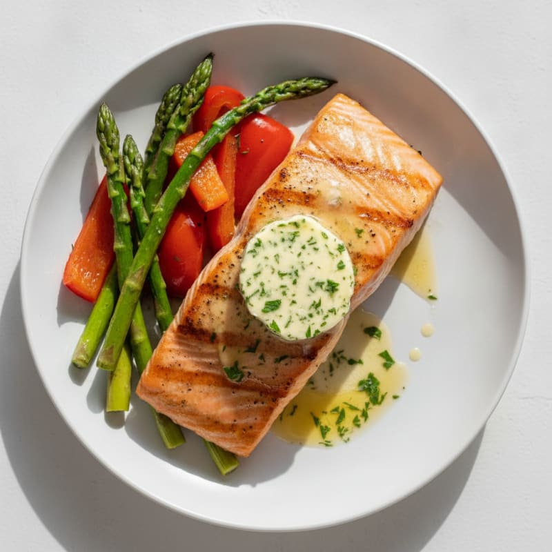 Pan-Seared Salmon with Roasted Vegetables and Herb Butter