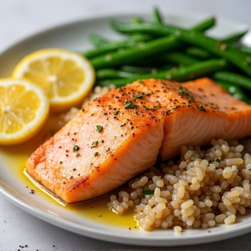 Seared Salmon Fillet with Steamed Green Beans and Brown Rice