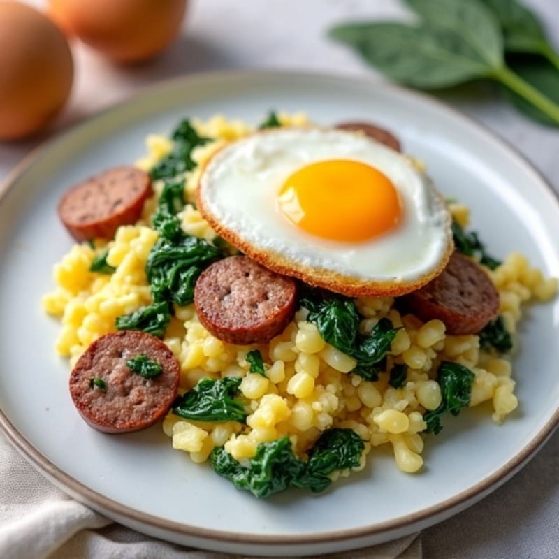 Egg White and Turkey Sausage Scramble with Sautéed Spinach