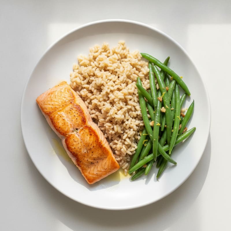 Seared Salmon with Garlic Green Beans and Brown Rice