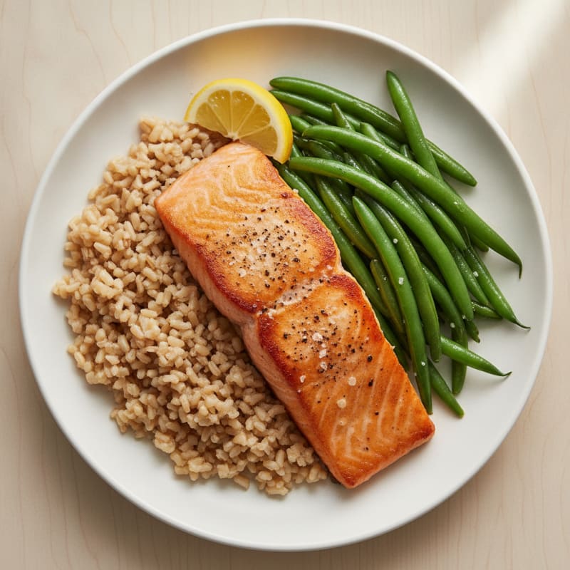 Seared Salmon with Steamed Green Beans and Brown Rice