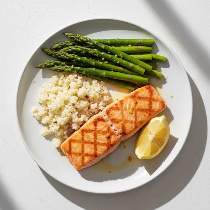 Seared Salmon Fillet with Garlic Asparagus and Cauliflower Rice