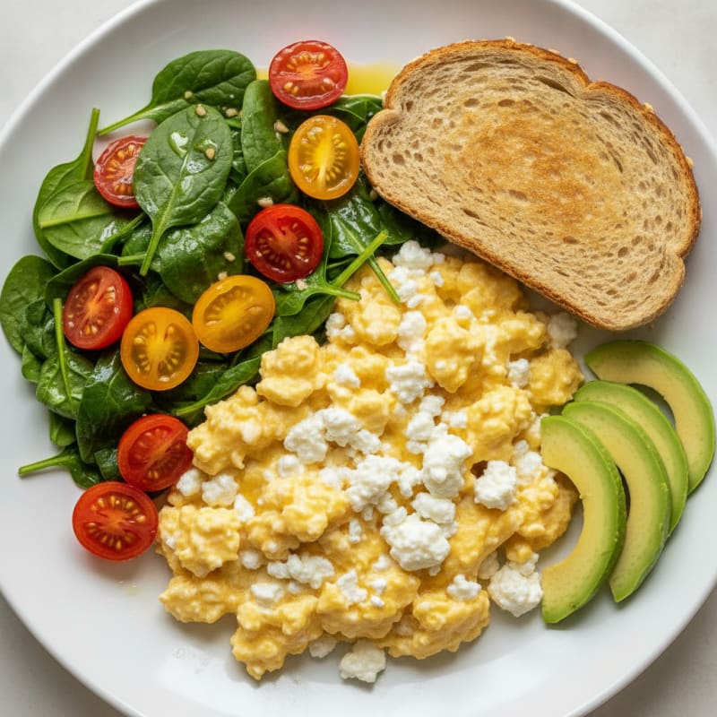 Cottage Cheese Scramble with Sautéed Spinach and Cherry Tomatoes