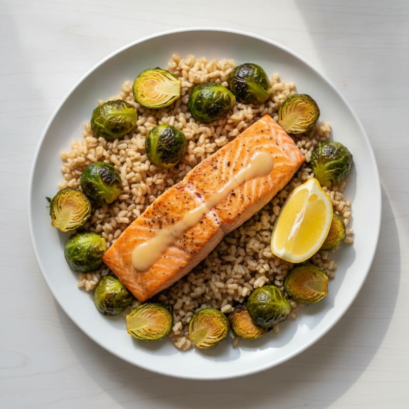 Seared Salmon Fillet with Roasted Brussels Sprouts and Brown Rice