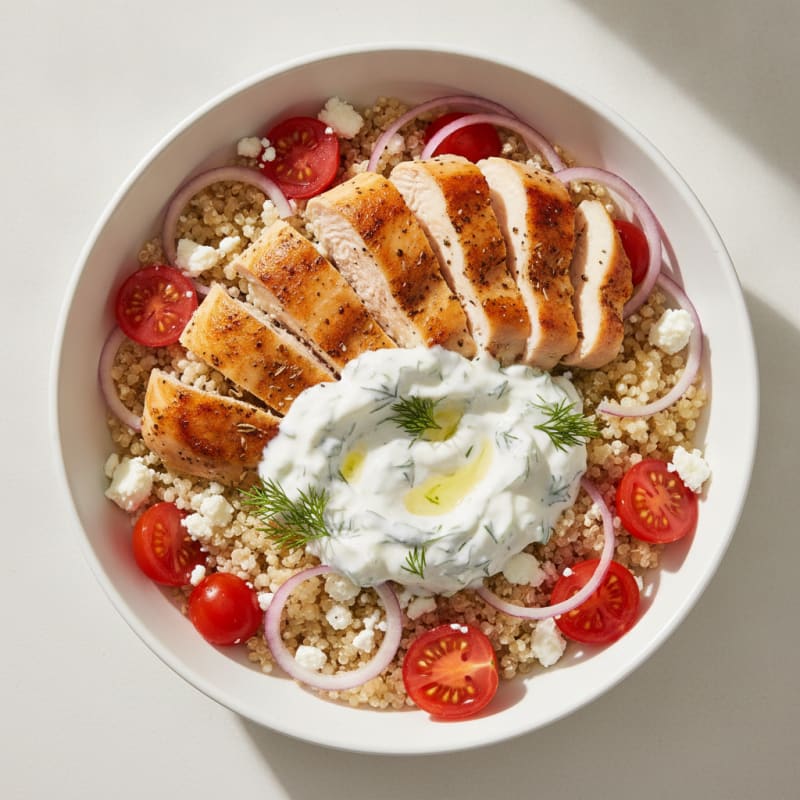 Baked Greek Chicken Quinoa Bowl with Creamy Tzatziki