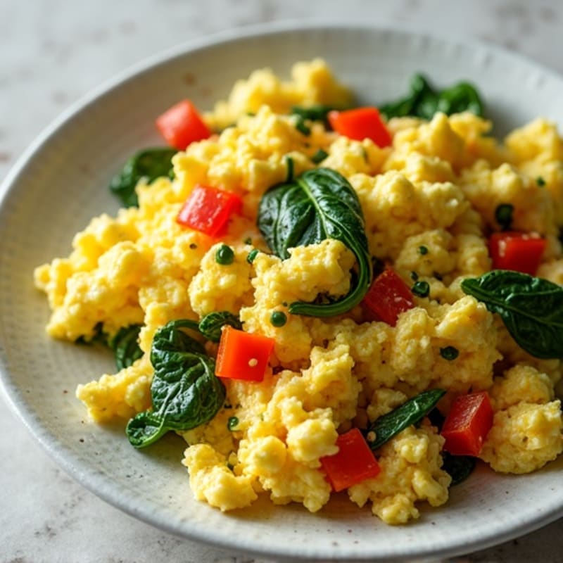 Fluffy Egg Scramble with Fresh Spinach and Bell Peppers