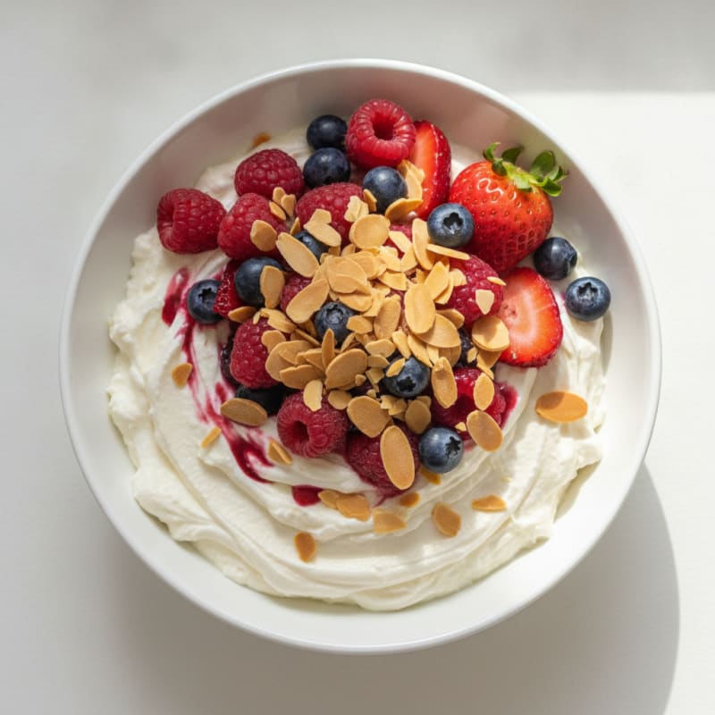 Creamy Vanilla Protein Yogurt with Mixed Berries and Almond Slivers