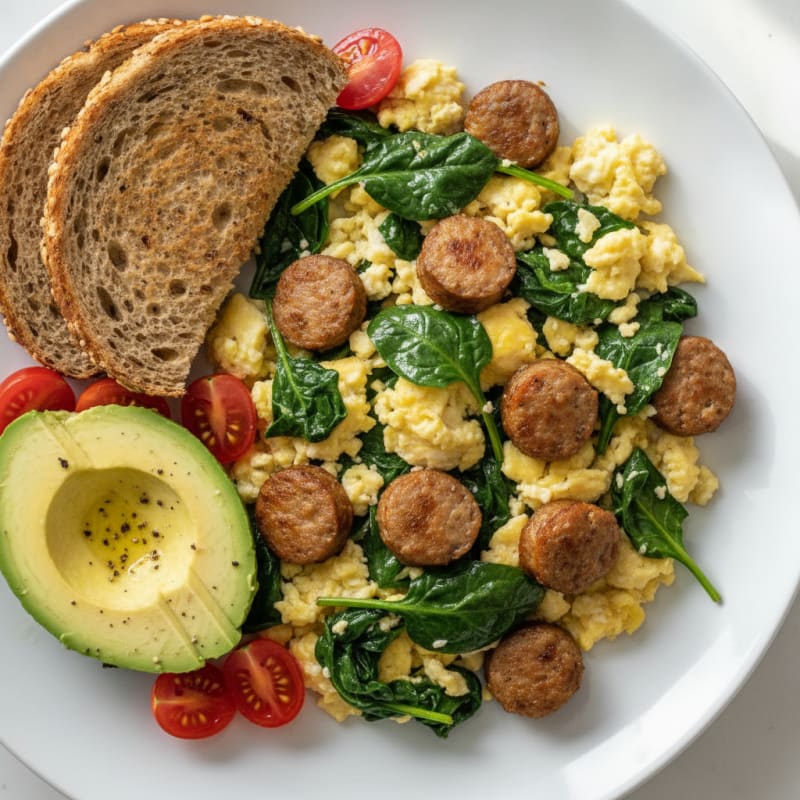 Egg White Scramble with Turkey Sausage and Sautéed Spinach
