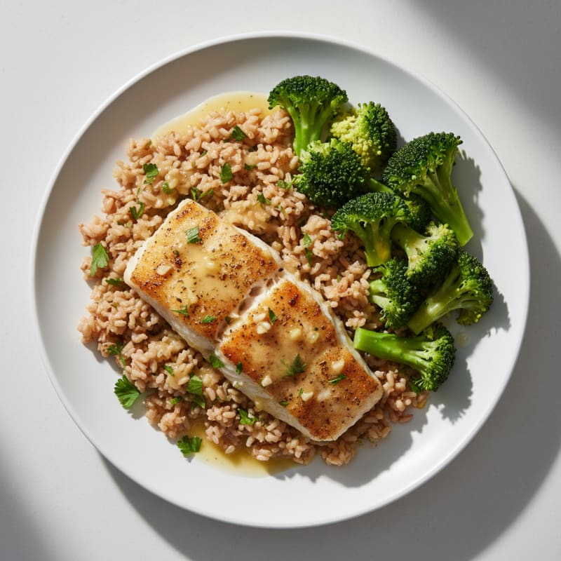 Baked Cod with Steamed Broccoli and Herb Brown Rice