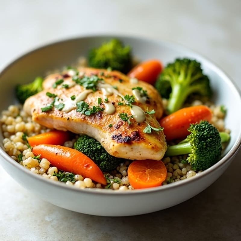 Herb-Roasted Chicken and Vegetable Bowl with Lemon Tahini Drizzle