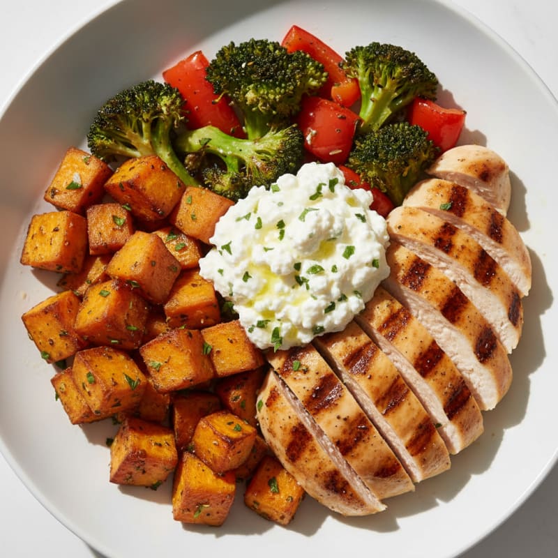 Grilled Chicken and Roasted Veggie Bowl with Herb Sweet Potato Cubes