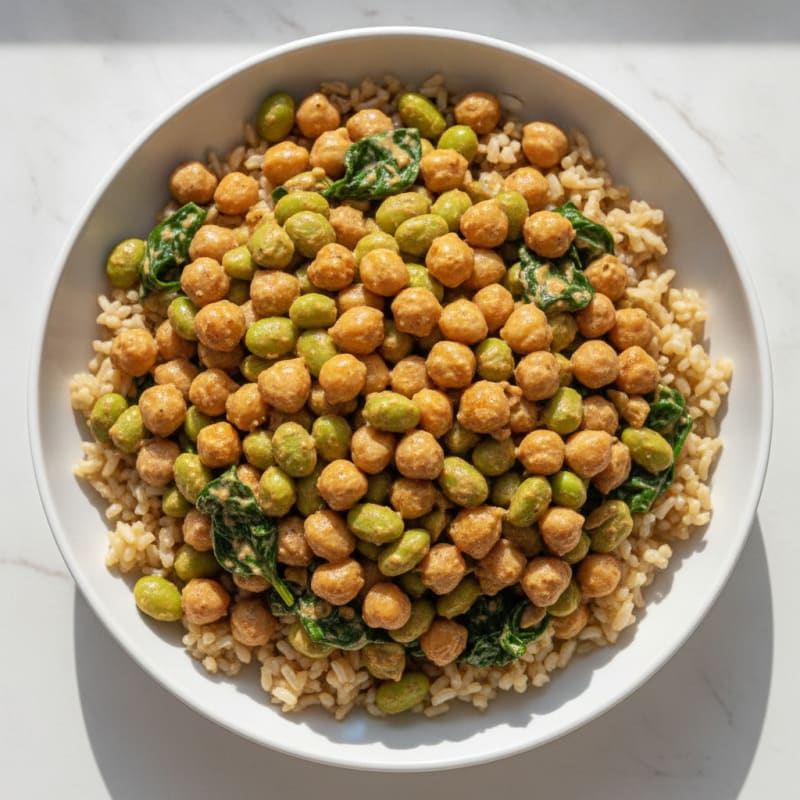 Creamy Chickpea and Edamame Stir-Fry with Brown Rice