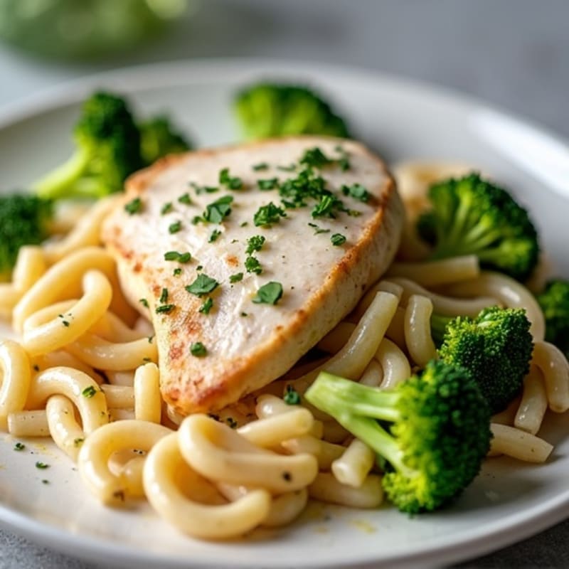 Lighter Creamy Chicken Alfredo with Whole Wheat Pasta and Roasted Broccoli