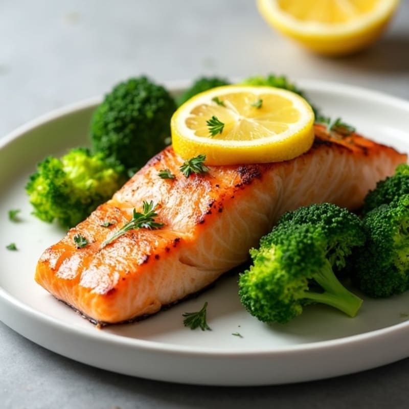 Seared Salmon with Steamed Broccoli and Lemon