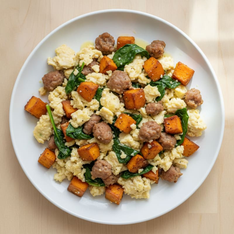Egg White and Turkey Sausage Scramble with Roasted Sweet Potatoes