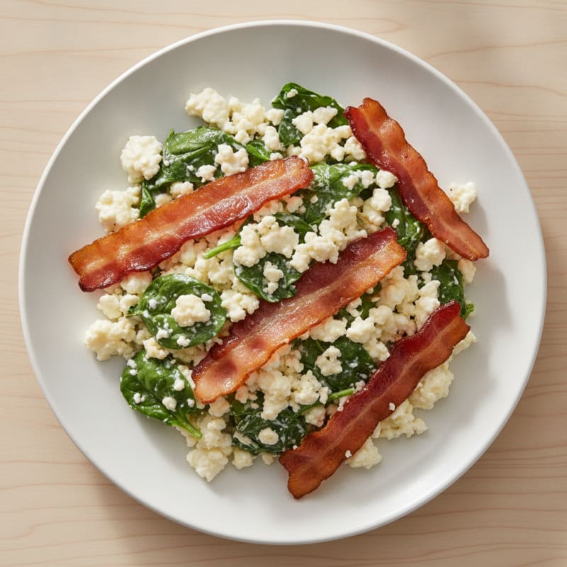 Cottage Cheese Egg White Scramble with Spinach and Turkey Bacon