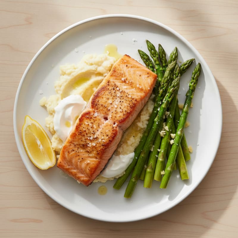 Seared Salmon with Roasted Asparagus and Cauliflower Mash