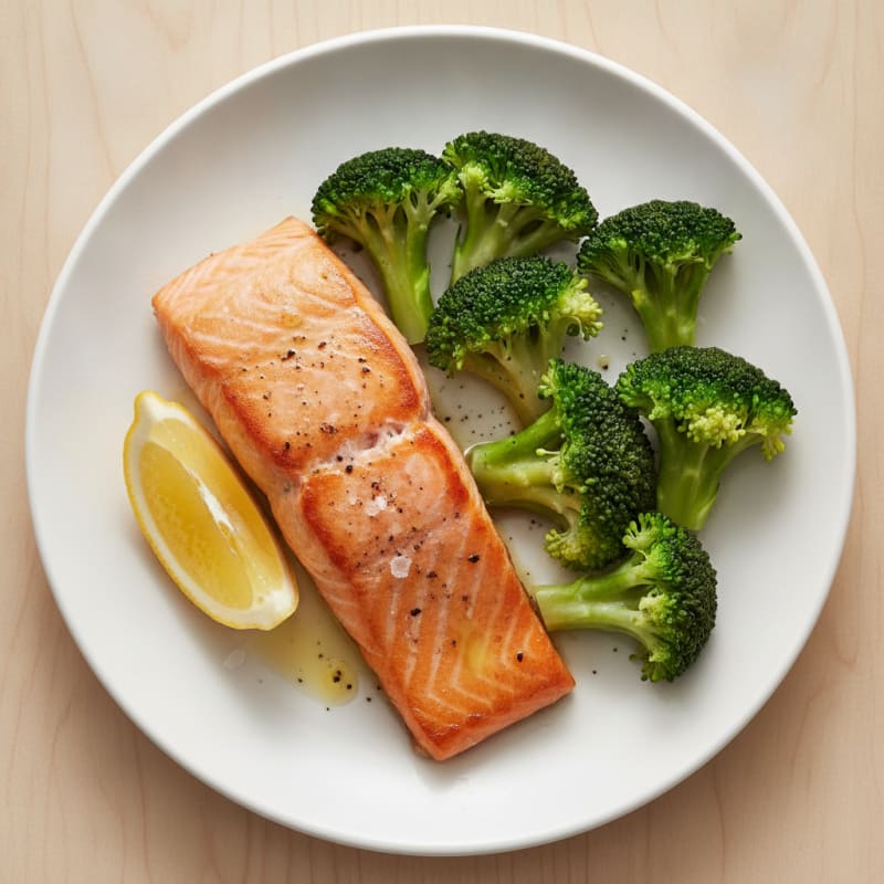 Seared Salmon Fillet with Steamed Broccoli and Lemon