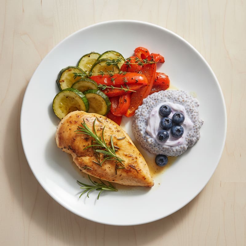 Herb-Seared Chicken with Roasted Vegetables and Chia Seed Pudding